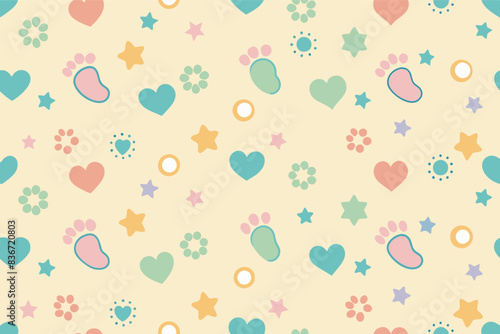 a pattern of hearts and stars, A seamless baby shower pattern with baby footprints, hearts, and stars arranged in a geometric grid on a light background