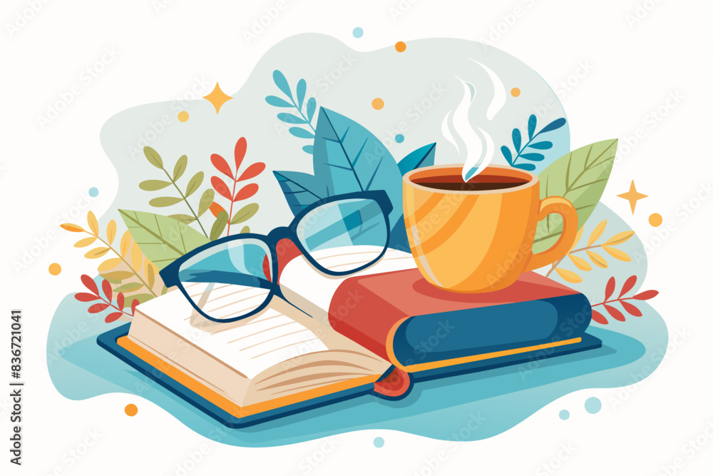 a cup of coffee and books on a table, A pair of cozy reading glasses perched on top of an open book with a steaming cup of tea beside it a cup of coffee and books on a table, A pair of cozy reading glasses perched on top of an open book with a steaming cup of tea beside it