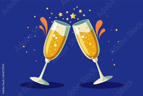 two glasses of champagne with a splash of liquid, A pair of champagne flutes clinking together, overflowing with sparkling bubbles