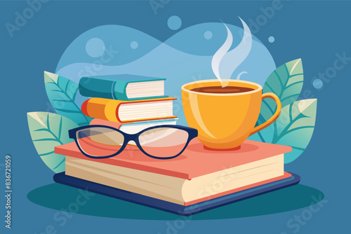 a cup of coffee and books on a table, A pair of cozy reading glasses perched on top of an open book with a steaming cup of tea beside it