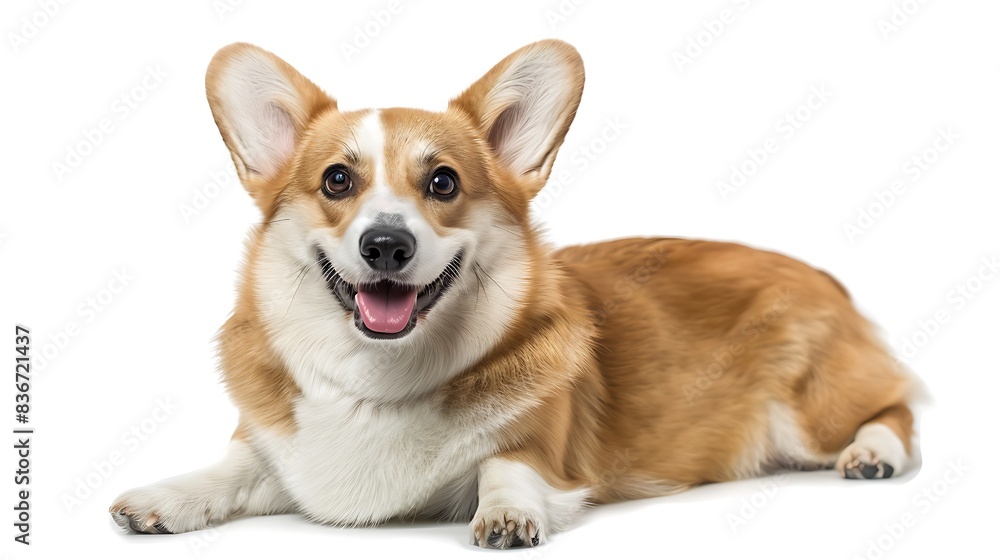 Corgi with its short legs and big smile, lying down with its belly up, white background Corgi with its short legs and big smile, lying down with its belly up, white background