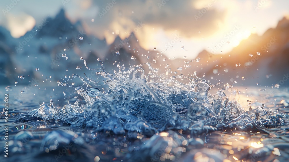 Close-up of water droplets on a lake with a beautiful sunset and mountain landscape in the background. Close-up of water droplets on a lake with a beautiful sunset and mountain landscape in the background.