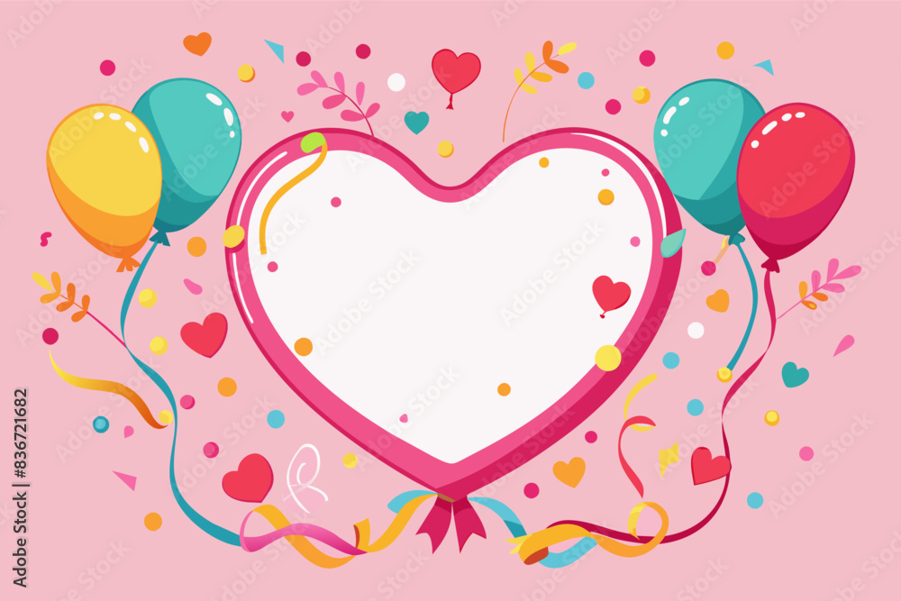 a heart shaped frame with balloons and confetti, A heart-shaped frame with confetti and balloons for Valentine's Day a heart shaped frame with balloons and confetti, A heart-shaped frame with confetti and balloons for Valentine's Day
