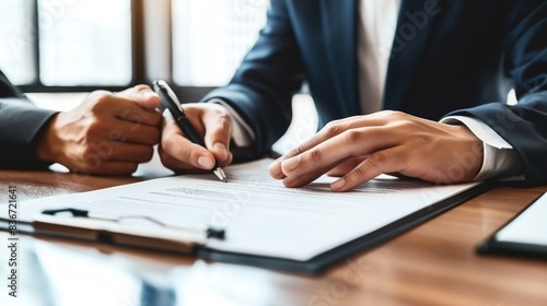 Two professionals in suits reviewing and signing a document at a desk, emphasizing contract agreement and business collaboration. © Natalia