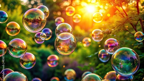 Glowing soap bubbles floating in the air, reflecting various colors and shimmering under the sunlight