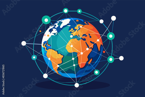 a globe with many dots around it, A globe with a network of lines connecting different points, depicting global business connections