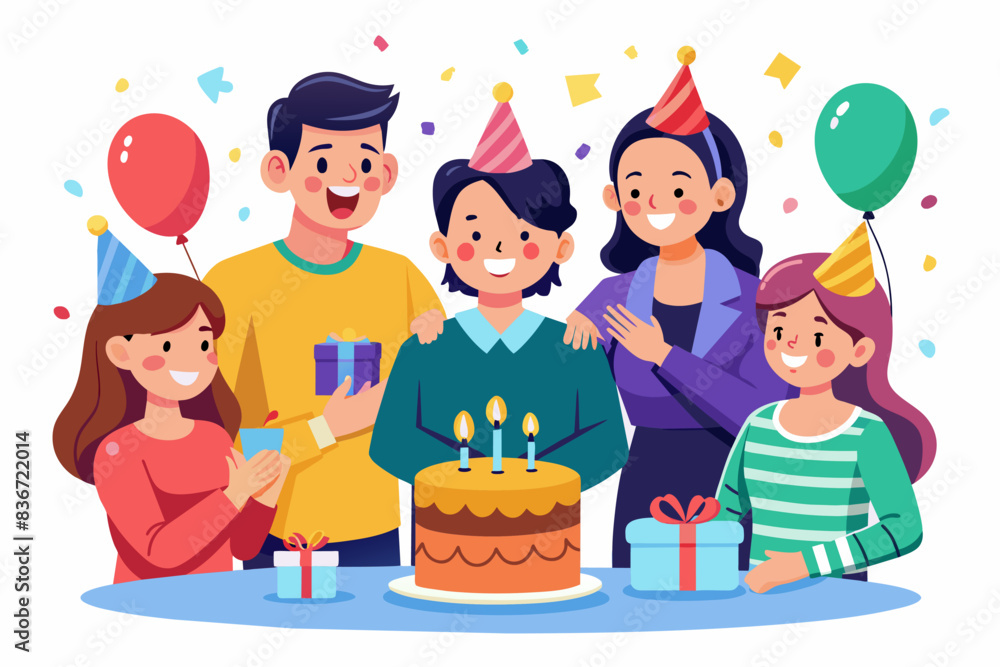 a family celebrating a birthday with a cake and balloons, A family celebrating a birthday with a cake, candles, and cheerful faces a family celebrating a birthday with a cake and balloons, A family celebrating a birthday with a cake, candles, and cheerful faces