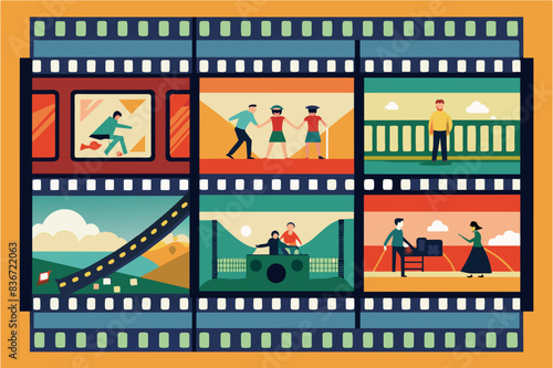 a film strip with people in different scenes, A filmstrip frame with individual frames depicting a sequence of events