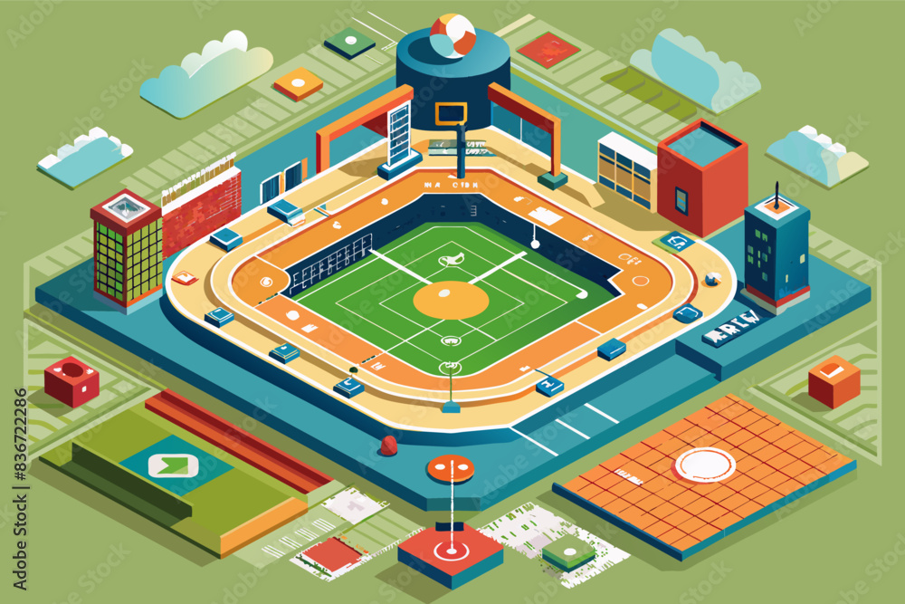 a baseball stadium with a field and a tower, A detailed vector artwork of a baseball field with a diagram explaining the positions and bases a baseball stadium with a field and a tower, A detailed vector artwork of a baseball field with a diagram explaining the positions and bases