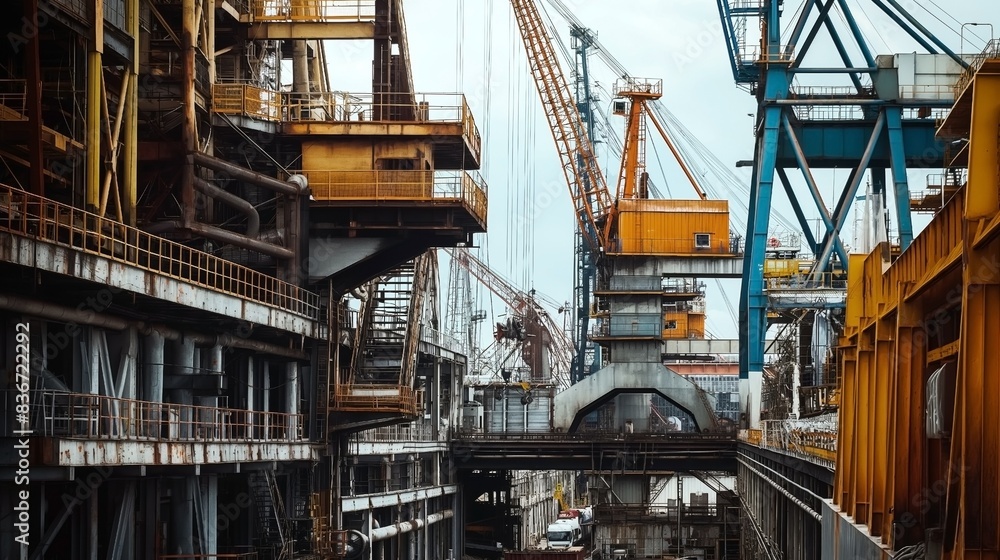 Industrial shipyard with cranes and heavy machinery. Rusty metal structures and equipment indicate ongoing construction or maintenance activities.