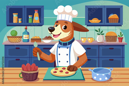 a dog in a chef's hat is preparing a pizza, A dog wearing a chef's hat and apron, baking delicious dog treats in the kitchen