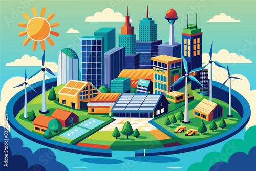 a city with wind turbines and buildings, A detailed vector artwork of a sustainable city powered by renewable energy sources like solar panels and wind turbines