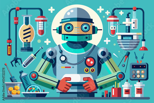 a robot with a stethoscope and a medical equipment, A detailed vector artwork of a robot doctor performing surgery with precise instruments