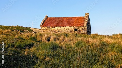 Obraz na płótnie Beautiful landscape scenery with old rusty tin roof cottage on green hill at Connemara National park in County Galway, Ireland w salonie