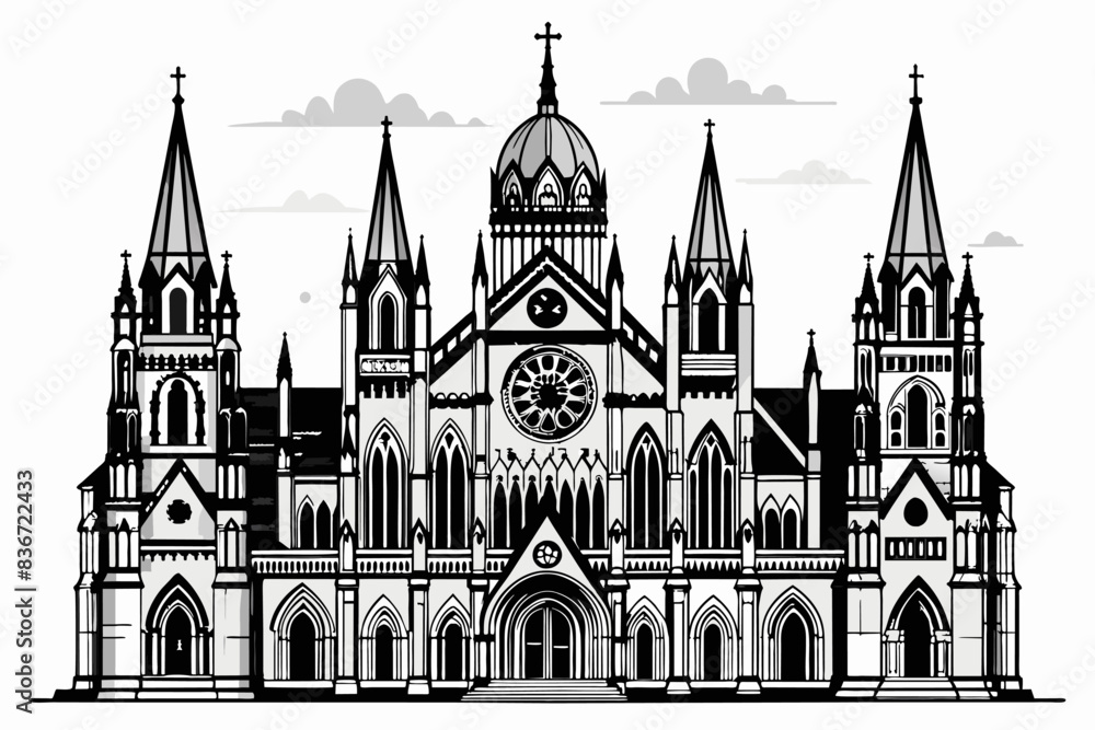 a black and white drawing of a church, A detailed line art illustration of a majestic Gothic cathedral a black and white drawing of a church, A detailed line art illustration of a majestic Gothic cathedral