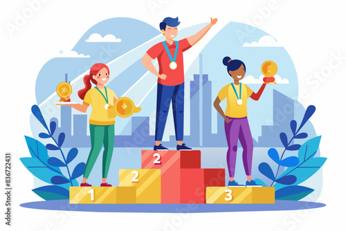 three people standing on a podium with medals, A detailed illustration of a podium with athletes receiving medals after a competition
