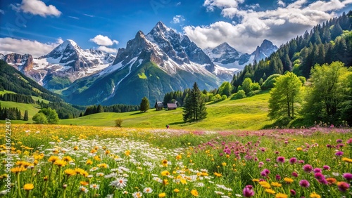 Idyllic mountain landscape in the Alps with blooming meadows in summer springtime © Sompong