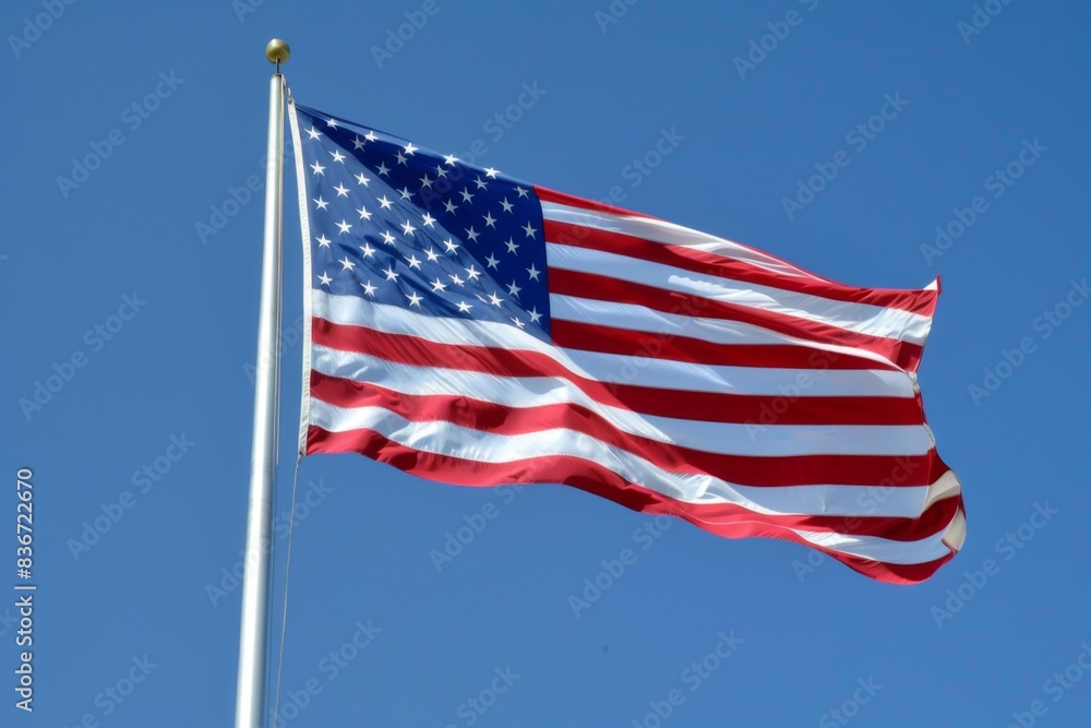 Flag of United States of America being waved in the breeze against a sky. USA flag Flag of United States of America being waved in the breeze against a sky. USA flag