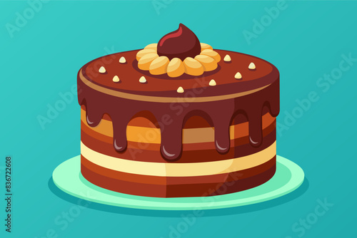 a chocolate cake with nuts on top, A delicious cake with layers of frosting and dripping chocolate ganache