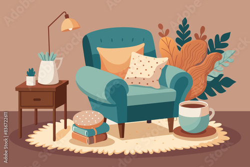 a living room with a chair, coffee mug and a plant, A cozy armchair overflowing with fluffy pillows in various shapes and sizes, with a steaming cup of cocoa nestled comfortably on a side table