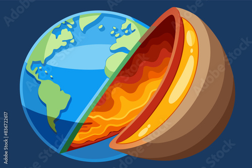 a living room with a chair, coffee mug and a plant, A cross-section illustration of the Earth, showcasing the different layers from the molten core to the breathable atmosphere