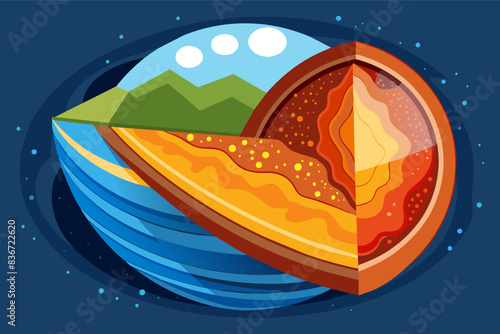 a living room with a chair, coffee mug and a plant, A cross-section illustration of the Earth, showcasing the different layers from the molten core to the breathable atmosphere