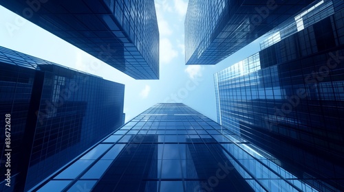 Upward view of modern skyscrapers with reflective glass facades against a blue sky. The buildings create a geometric pattern with their sharp edges and lines.