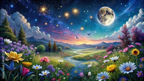 Fantasy night landscape with flowers and stars