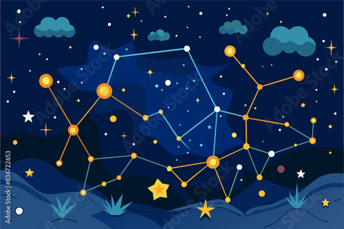 a constellation with stars and clouds in the sky, A constellation map showing stars and constellations in the night sky