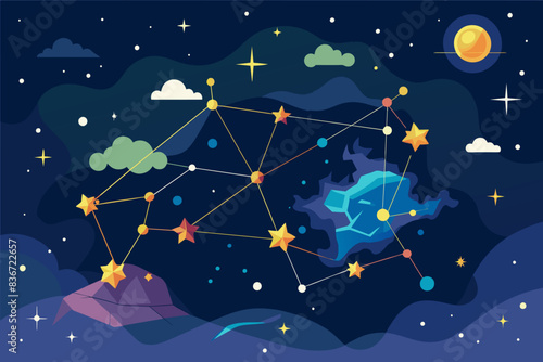 a constellation with stars and clouds in the sky, A constellation map showing stars and constellations in the night sky