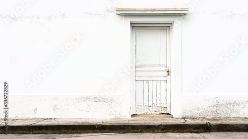 A rustic white wooden door set in a weathered white wall, with a concrete pavement in front. The aged effect gives a vintage aesthetic.