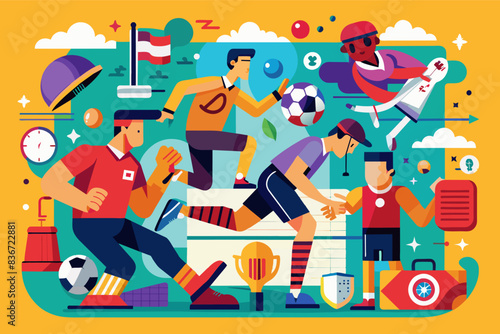 a group of people playing soccer on a field, A colorful infographic explaining different types of sports fouls and penalties