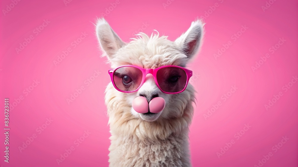 Cute lama alpaca with bubblegum in trendy pink sunglasses, isolated on pink background with copyspace