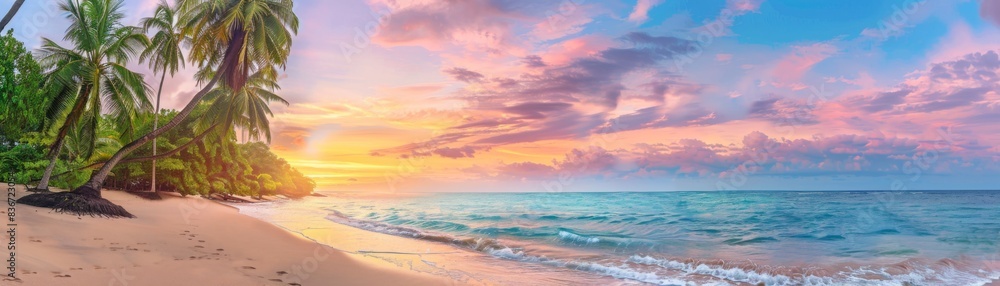 Naklejka premium Tropical Beach Sunset with Palm Trees