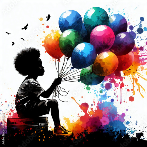silhouette of African cild holding colorful balloons, splashing colorful paint, watercolor photo