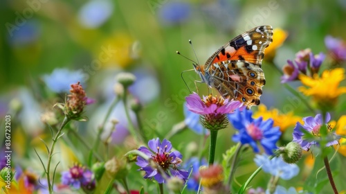 Butterfly on Colorful Wildflowers in Bloom