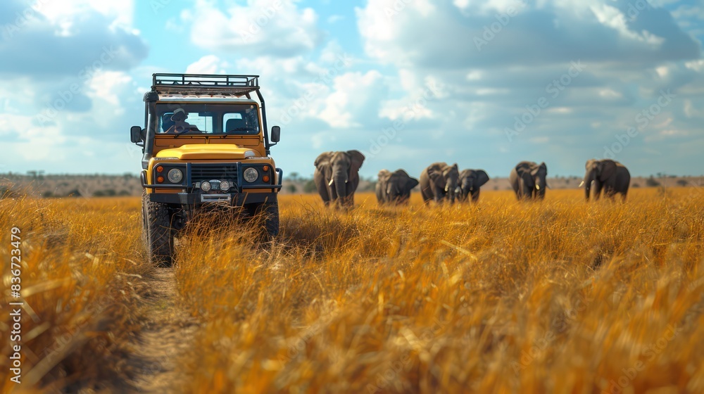 A group of friends ride a car to see the elephants in the safari forest. A group of friends ride a car to see the elephants in the safari forest.