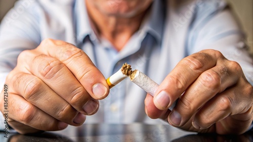 Close up of male hand crushing cigarette, symbolizing quitting smoking and healthy lifestyle photo