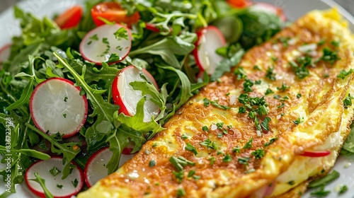 the delightful combination of a tender omelet and a vibrant salad, of lettuce and arugula, interspersed with slices of tomato, radishes, and Yalta onion, all coming together under a light olive oil dr photo