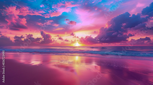 Sunset over calm and tranquil tropical beach 