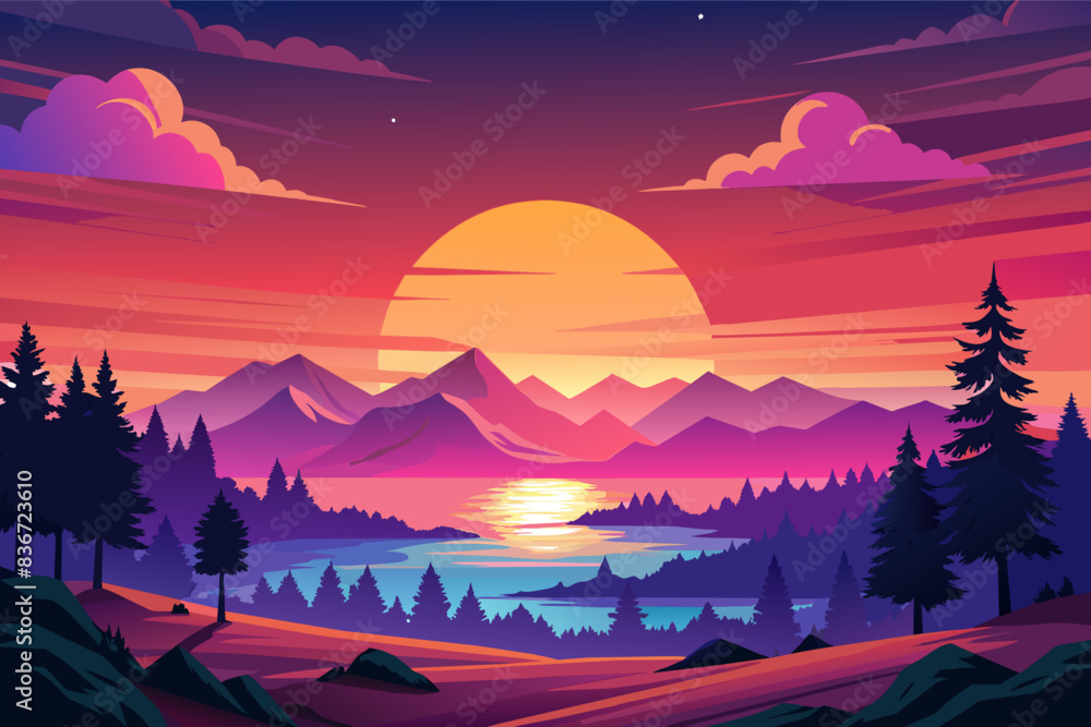 a sunset scene with mountains and trees, A breathtaking sunset scene with vibrant orange, pink, and purple hues a sunset scene with mountains and trees, A breathtaking sunset scene with vibrant orange, pink, and purple hues