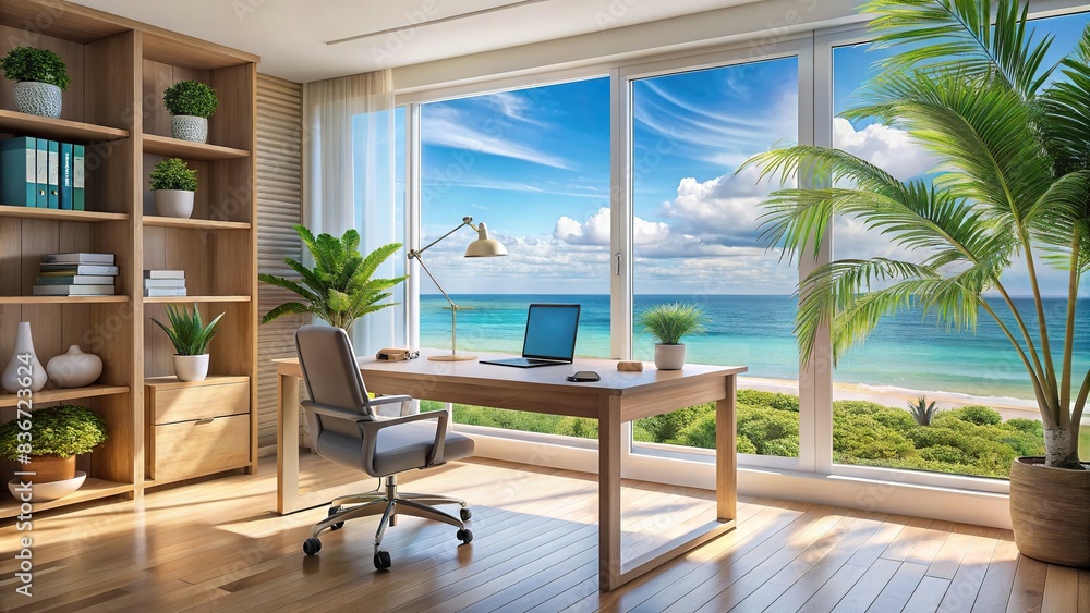 Serene tropical beach home office interior with ocean view