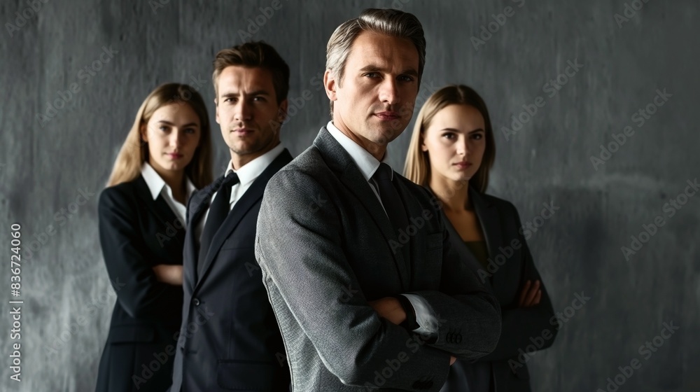 Four business professionals in formal attire standing confidently against a dark background.