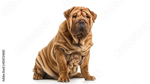Shar Pei with its wrinkled skin and stoic expression  sitting calmly  white background