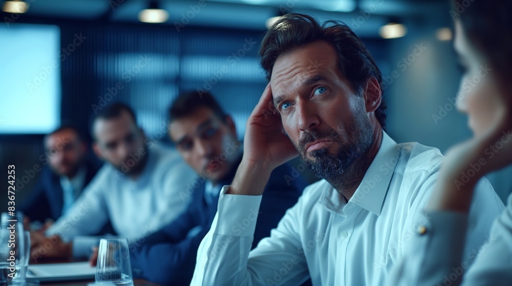 Group of business people in a meeting room with a focused, thoughtful man in the foreground listening attentively. Group of business people in a meeting room with a focused, thoughtful man in the foreground listening attentively.