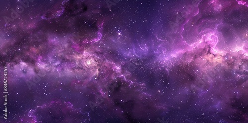 Fototapeta Naklejka Na Ścianę i Meble -  Cosmic Symphony in Purple: Hyper Realistic 360 Equirectangular Projection of Nebulae and Stars with Pink Highlights, Seamless Panorama