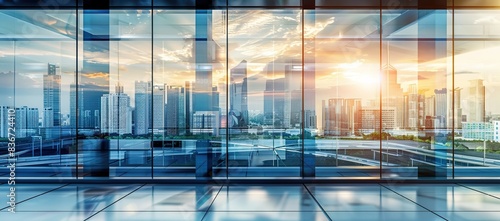 
Empty modern business office skyscrapers. High-rise buildings in commercial district with blue sky and sunshine. Bright and modern high tech office background
