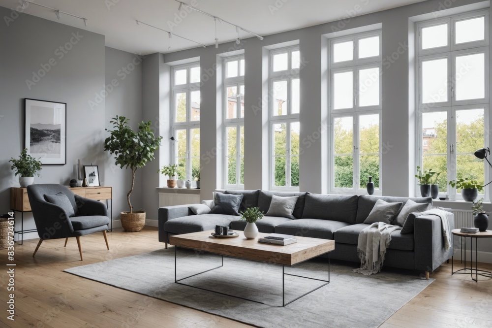 Interior of light living room with grey sofas, coffee table and large window Interior of light living room with grey sofas, coffee table and large window