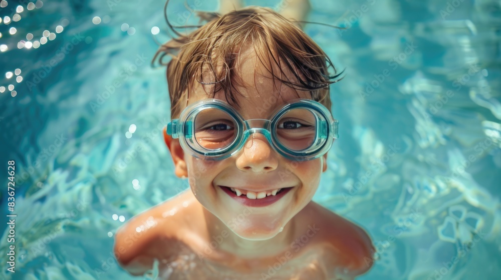 Naklejka premium The child is having fun, swimming, diving in the pool with safety glasses. Entertainment during the summer holidays.