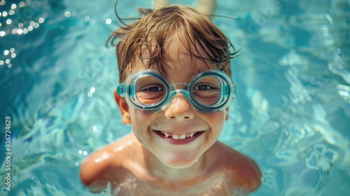 The child is having fun, swimming, diving in the pool with safety glasses. Entertainment during the summer holidays. © Cherkasova Alie